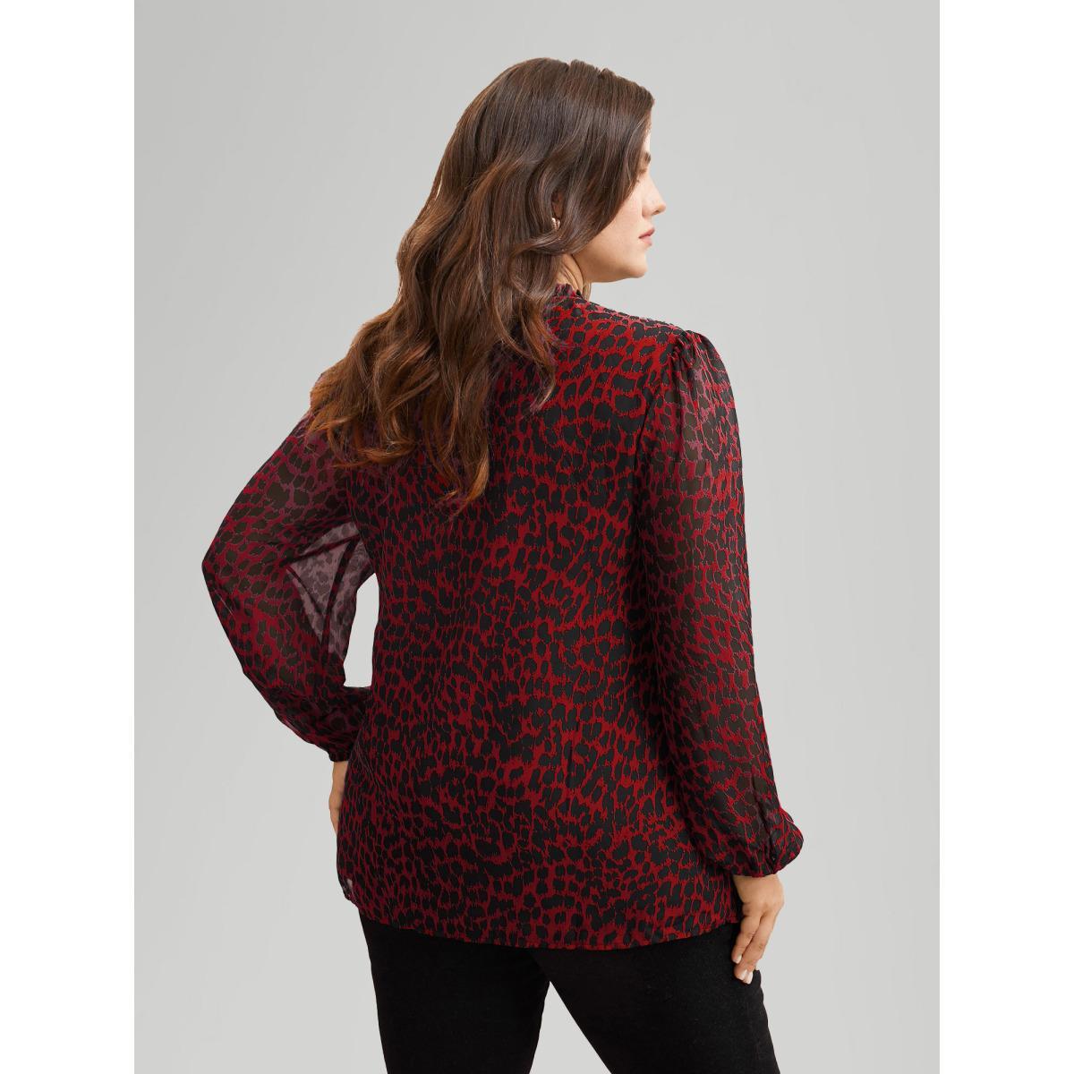 Plus Size Crimson Leopard Print Tie Knot Lantern Sleeve Blouse Women Elegant Long Sleeve V-neck Everyday Blouses BloomChic 26/4X Product Image