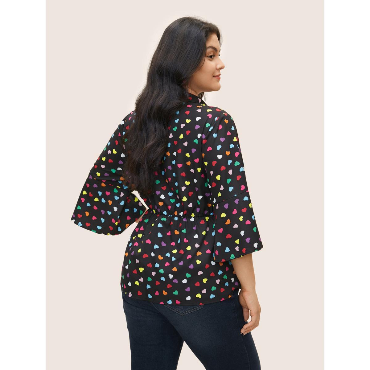 Plus Size Black Colour Heart Print Bell Sleeve Blouse Women Elegant Elbow-length sleeve Shirt collar Everyday Blouses BloomChic 14-16/1X Product Image