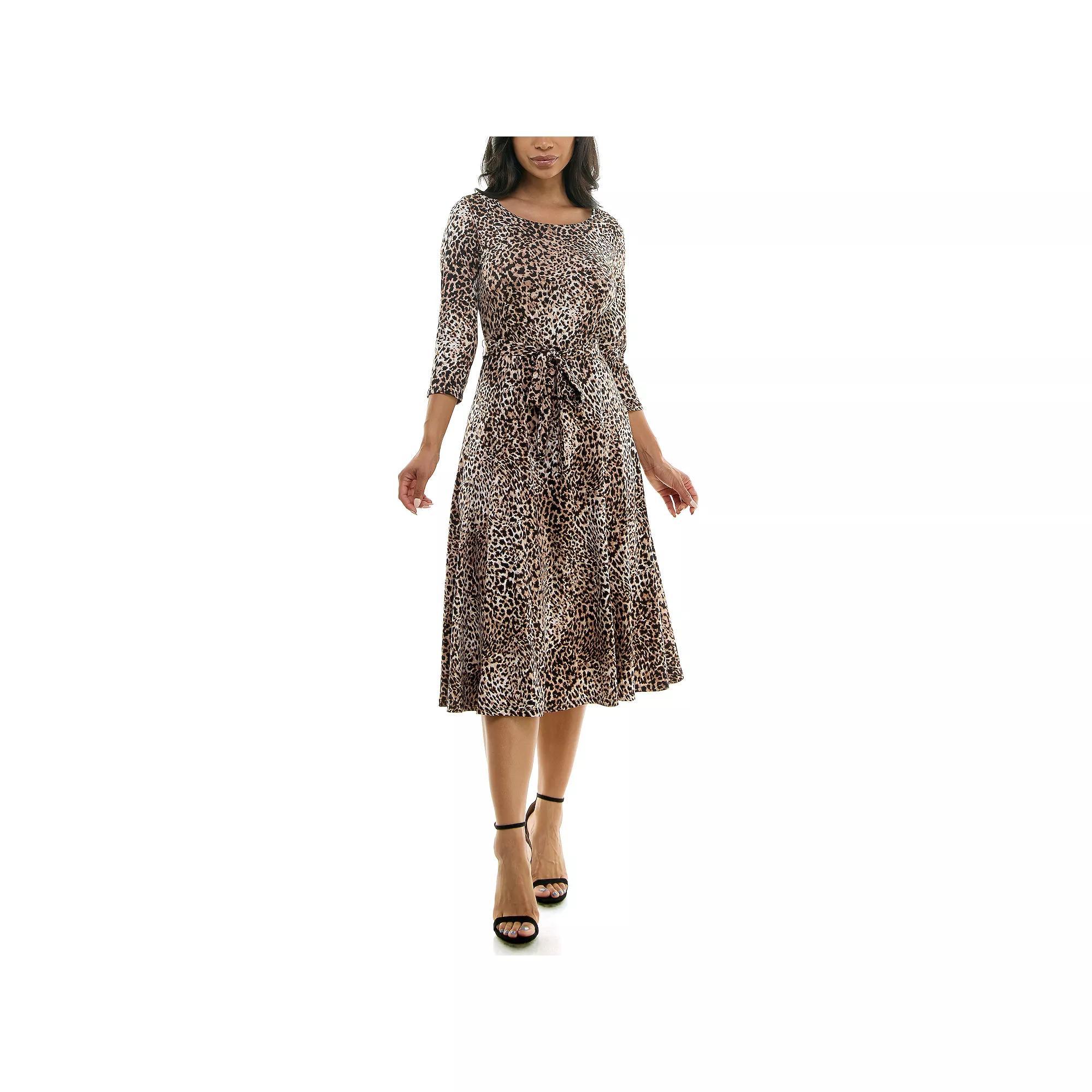 Women's Nina Leonard Sylvia Three-Quarter Sleeve Belted Dress, Size: Small, Neutral Team Product Image
