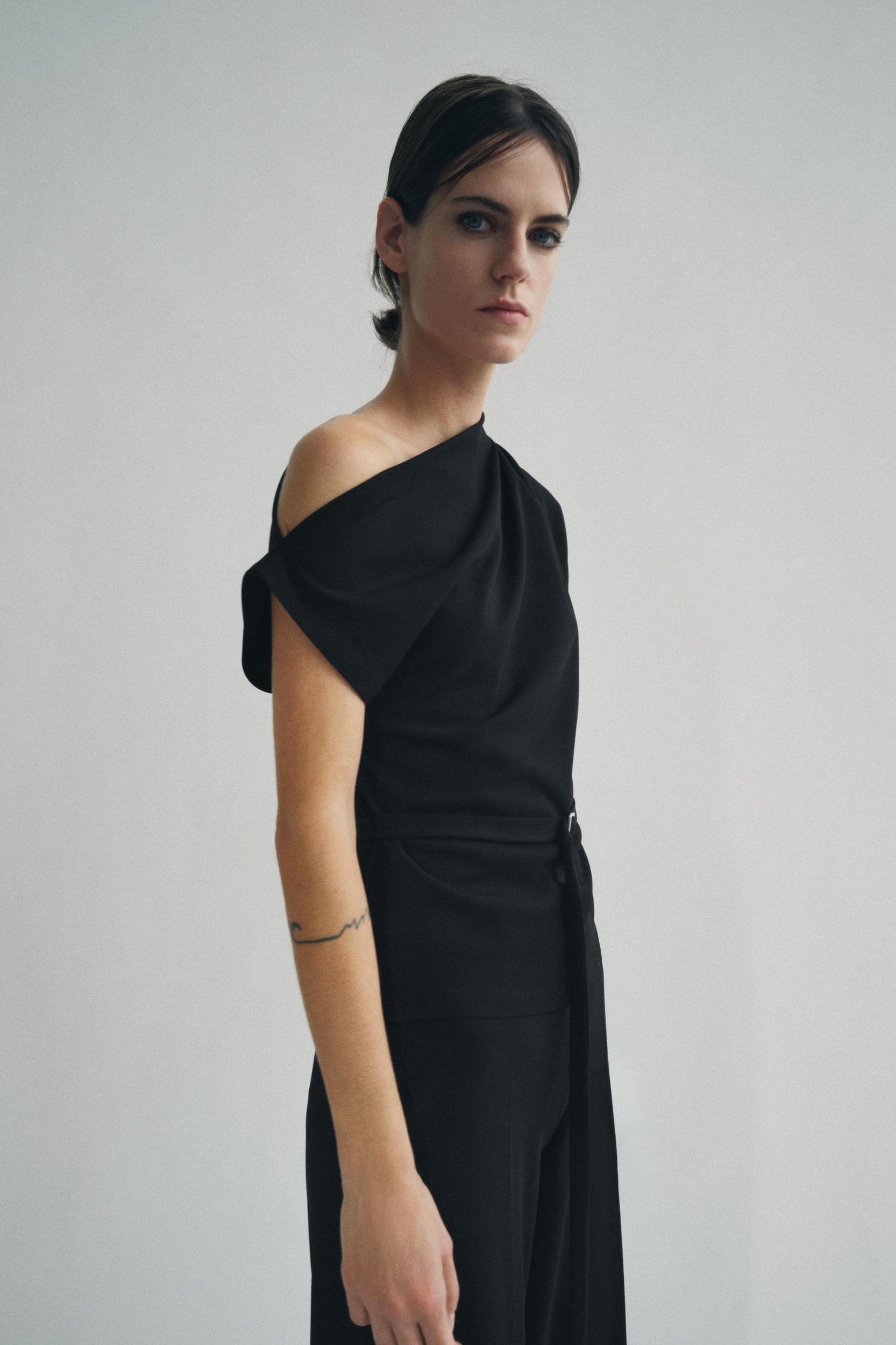 ASYMMETRIC NECKLINE BELTED TOP Product Image