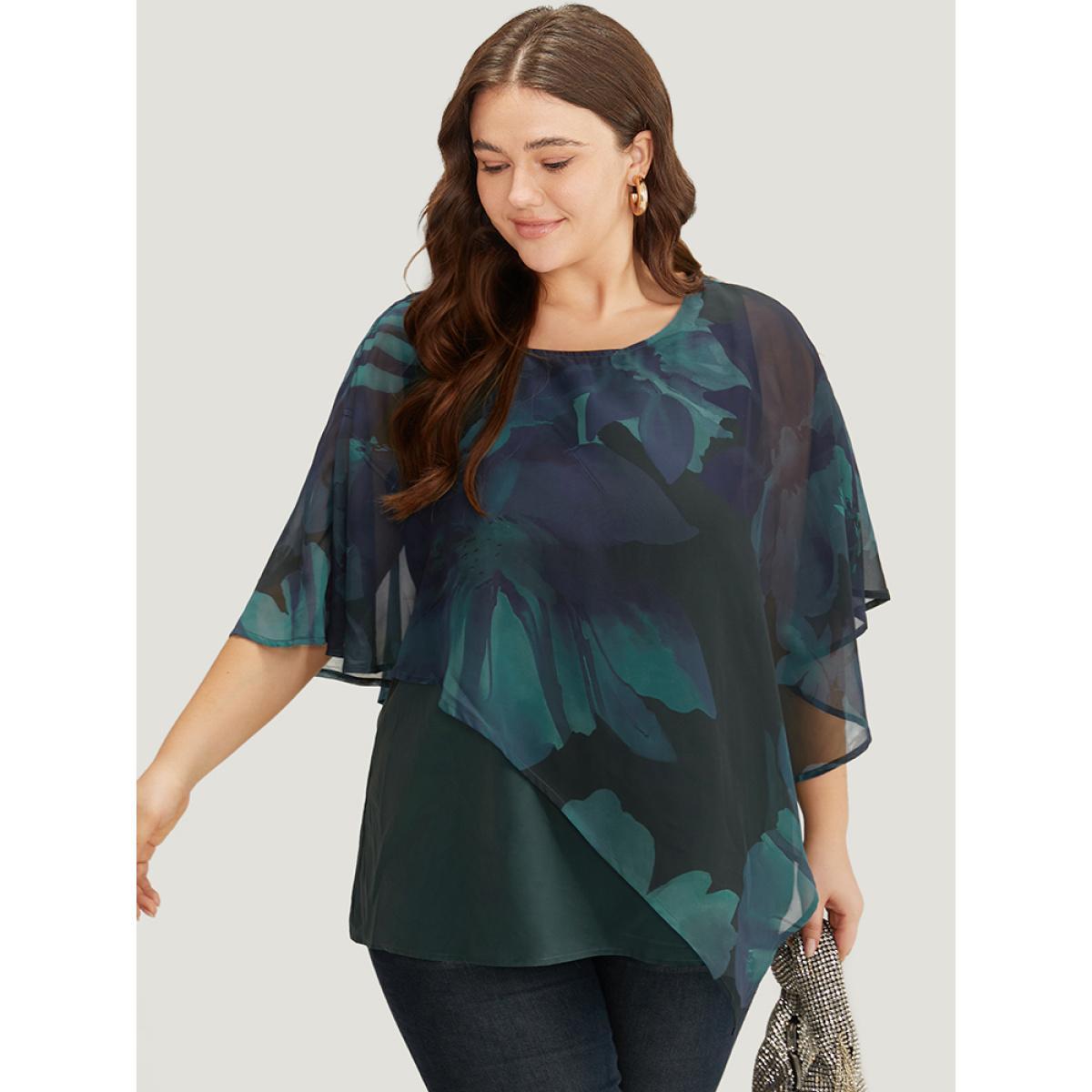 Plus Size Aegean Floral Mesh Asymmetrical Dolman Sleeve Blouse Women Glamour Short sleeve Round Neck Going out Blouses BloomChic 14-16/1X Product Image