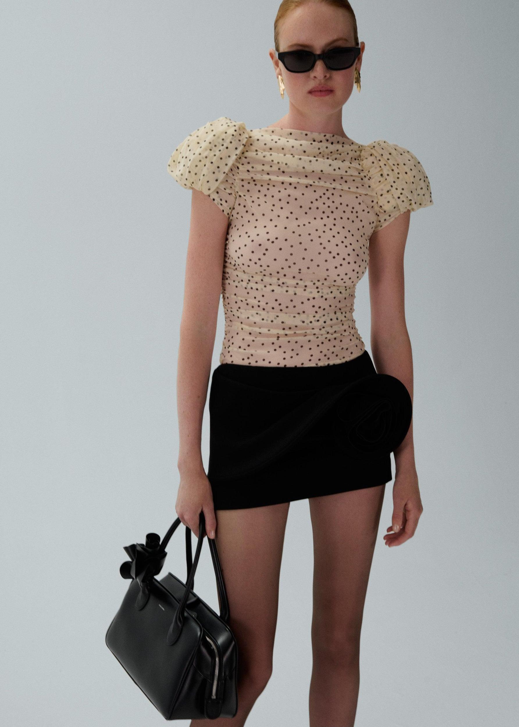 Puff sleeve ruched blouse in cream dots Product Image