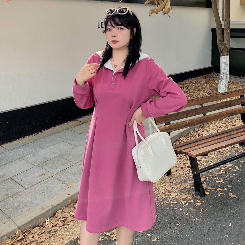 Plus Size Long-Sleeve Two Tone Lace Trim Hoodie Dress Product Image