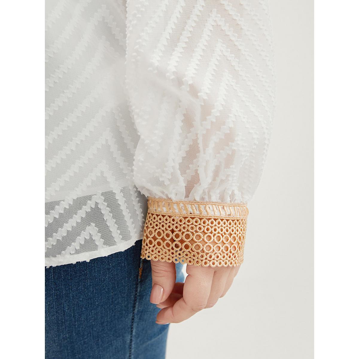 Plus Size Ivory Geometric Mesh Crochet Lace V Neck Blouse Women Elegant Long Sleeve V-neck Dailywear Blouses BloomChic 26/4X Product Image