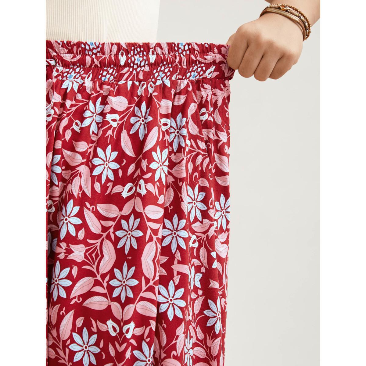 Plus Size Spring Floral Fusion Panelled Tiered Skirt Women Russet Resort Patchwork Low stretch Slanted pocket Vacation Skirts BloomChic 30/6X Product Image
