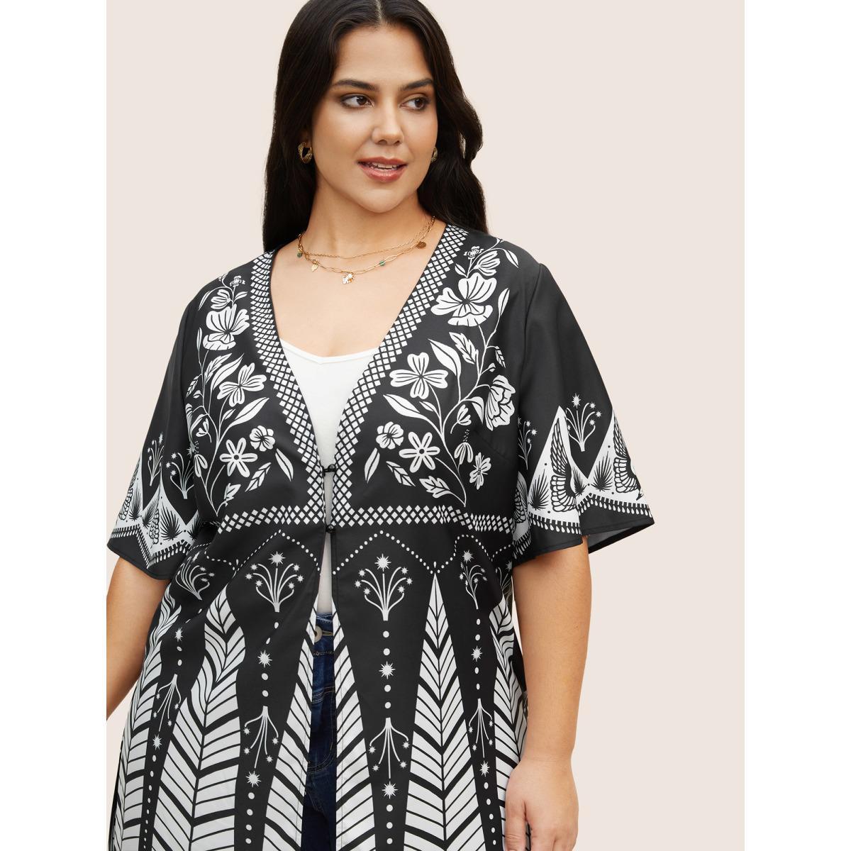 Plus Size Boho Print Button Up Split Hem Kimono Women BlackFlower Resort Button Vacation Kimonos BloomChic 12/L Product Image
