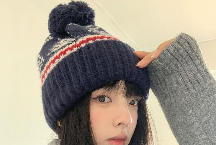Patterned Pom Pom Knit Beanie Product Image