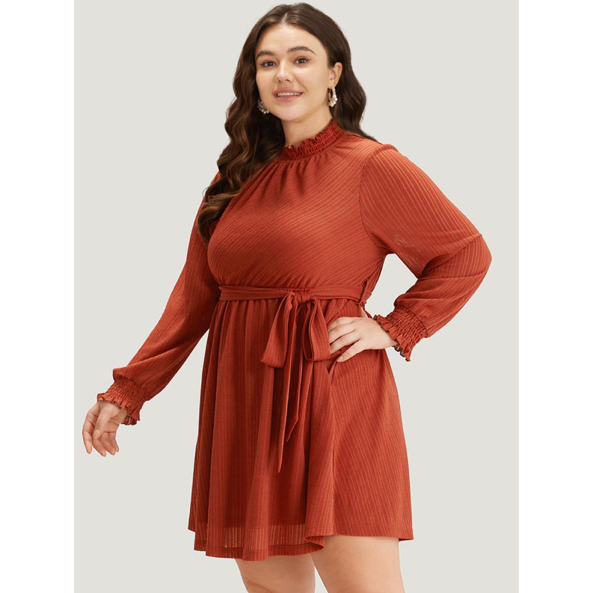 Plus Size Solid Shirred Belted Mock Neck Dress Rust Women Elegant Texture Mock Neck Long Sleeve Curvy Midi Dress BloomChic 22-24/3X Product Image