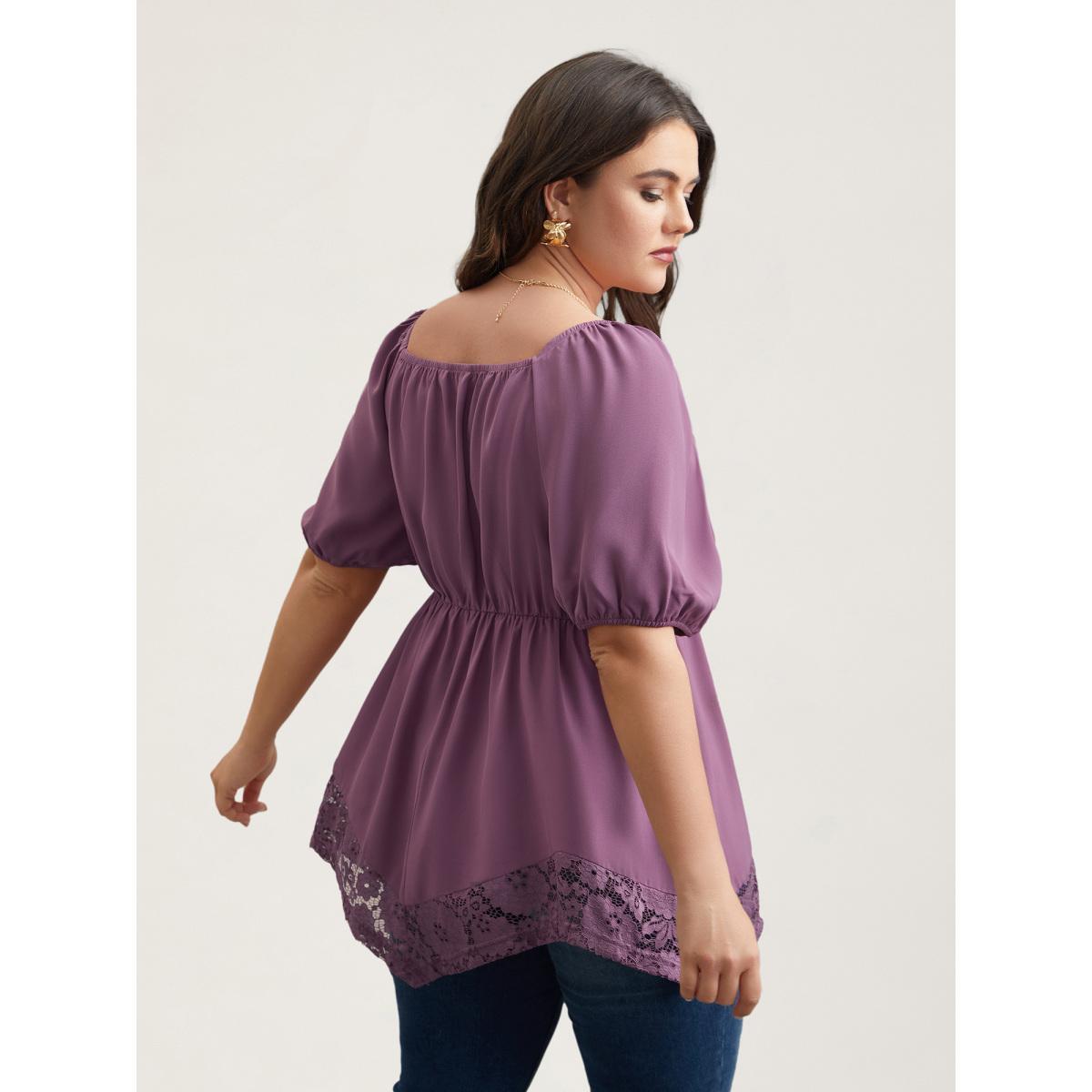 Plus Size Mauve Sweetheart Neck Lace High-Low Hem Shirt Women Elegant Half Sleeve Heart neckline Everyday Blouses BloomChic 28/5X Product Image