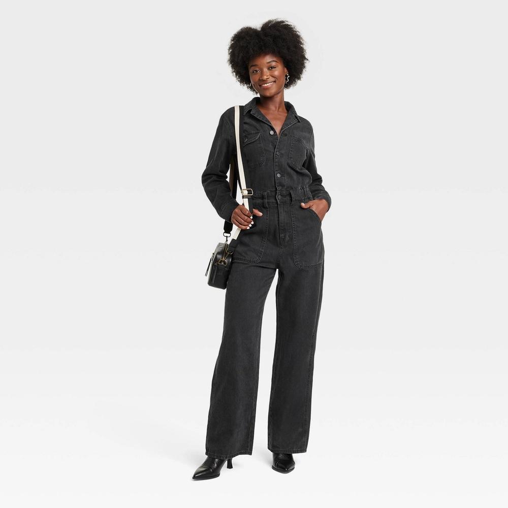 Women's Long Sleeve Utility Baggy Denim Jumpsuit - Universal Thread™ Black 8 Product Image