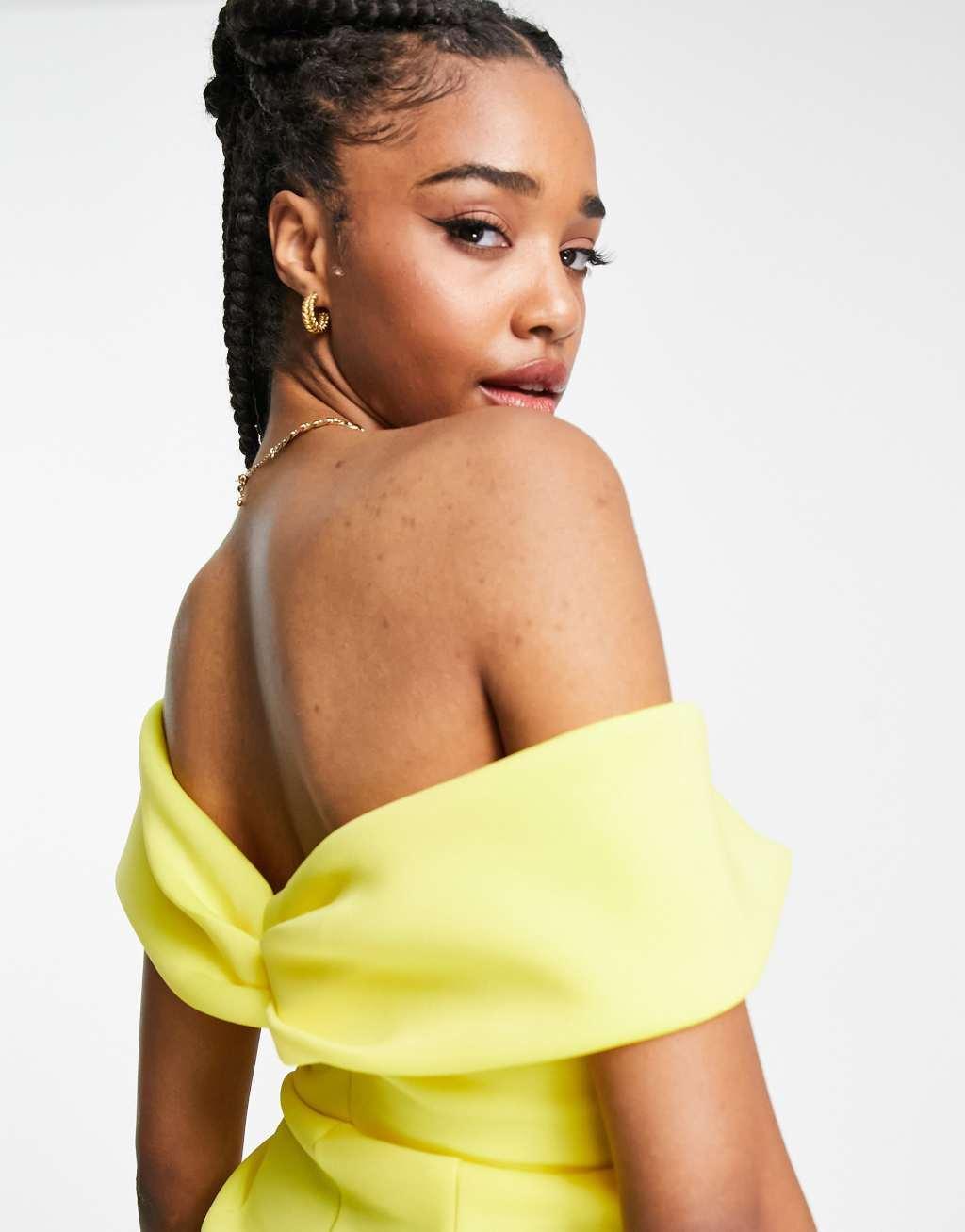 ASOS DESIGN Tall off shoulder twist front wrap midi pencil dress Product Image
