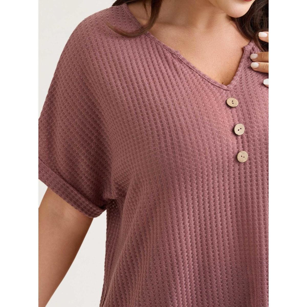 Plus Size Waffle Knit Stretchy Button Split Neck T-Shirt DustyPink Women Casual Texture Flat collar with V-notch Everyday T-shirts BloomChic 28/5X Product Image
