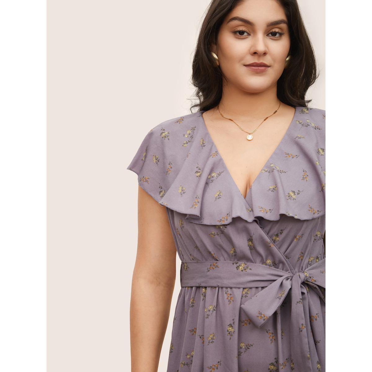 Plus Size Ditsy Floral Wrap Ruffle Cap Sleeve Split Hem Dress Mauve Women Elegant Non Overlap Collar Cap Sleeve Curvy Midi Dress BloomChic 22-24/3X Product Image