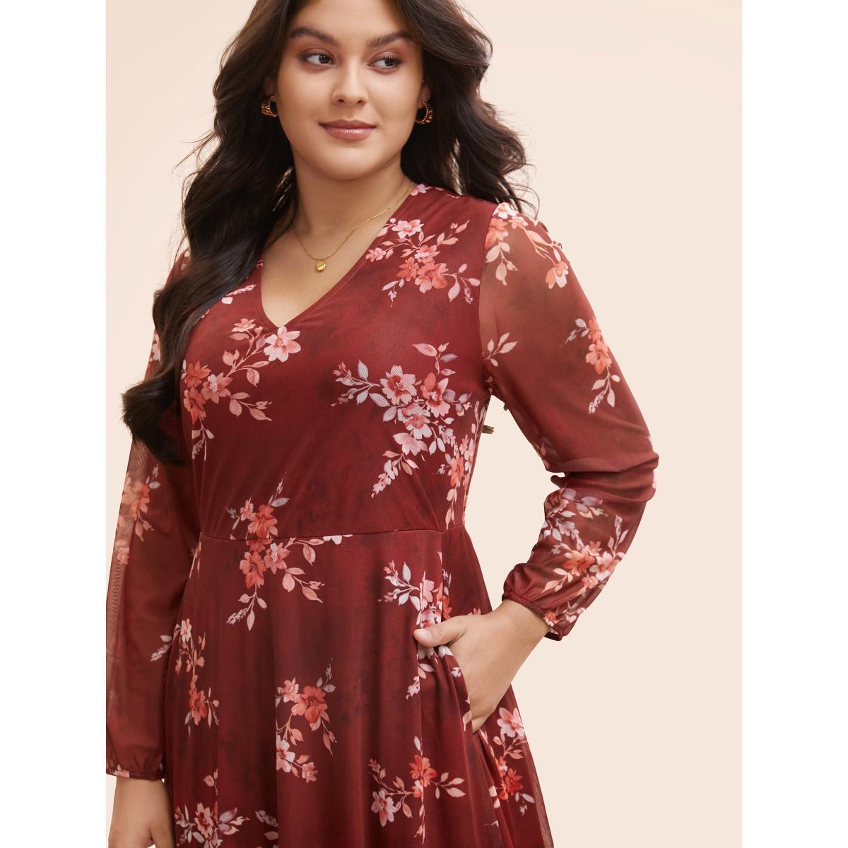 Plus Size Floral See Through Gathered Dress Burgundy Women Elegant Gathered V-neck Long Sleeve Curvy BloomChic 14-16/1X Product Image