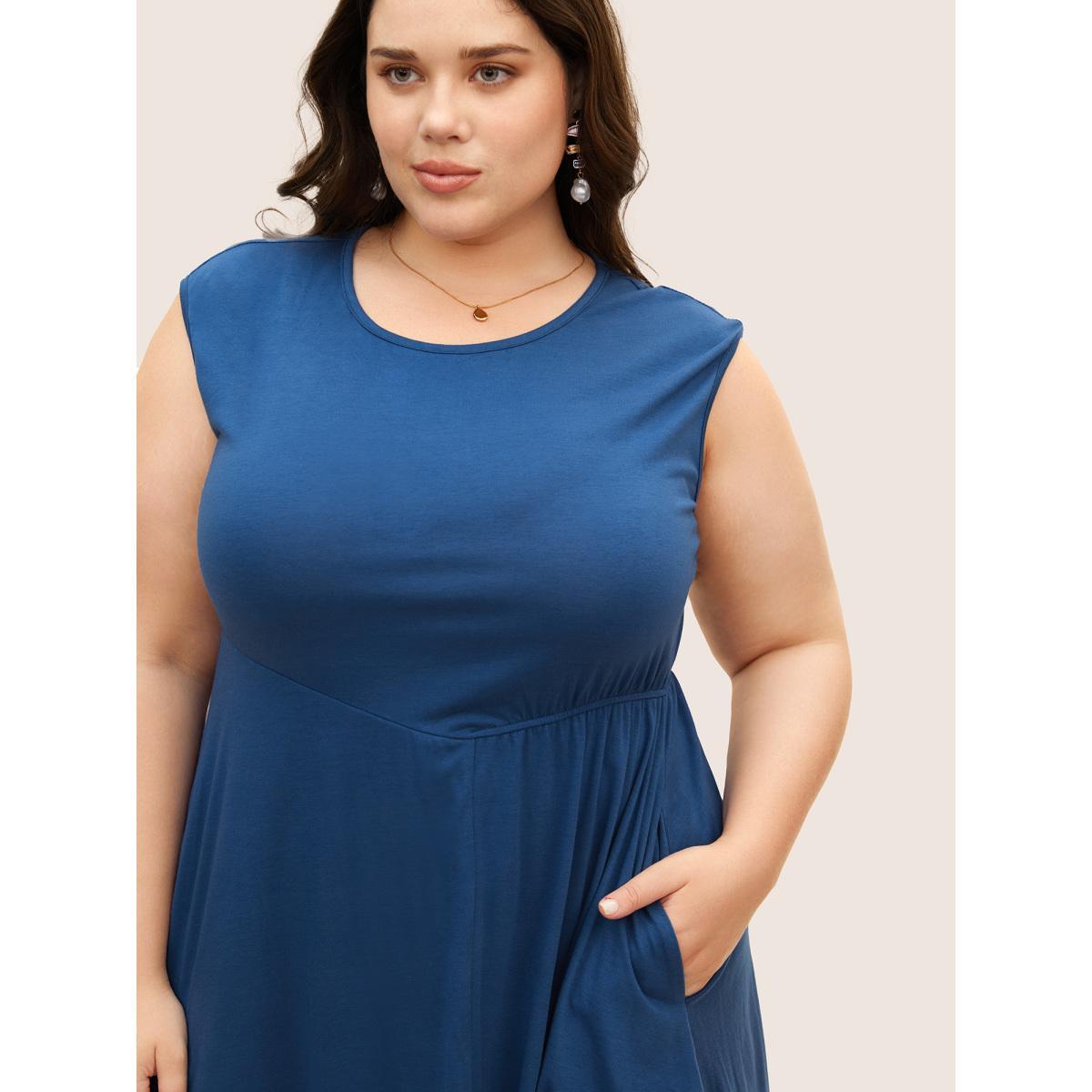 Plus Size Solid Crew Neck Asymmetrical Hem Dress Mediumblue Women Elegant Gathered Round Neck Cap Sleeve Curvy BloomChic 26/4X Product Image