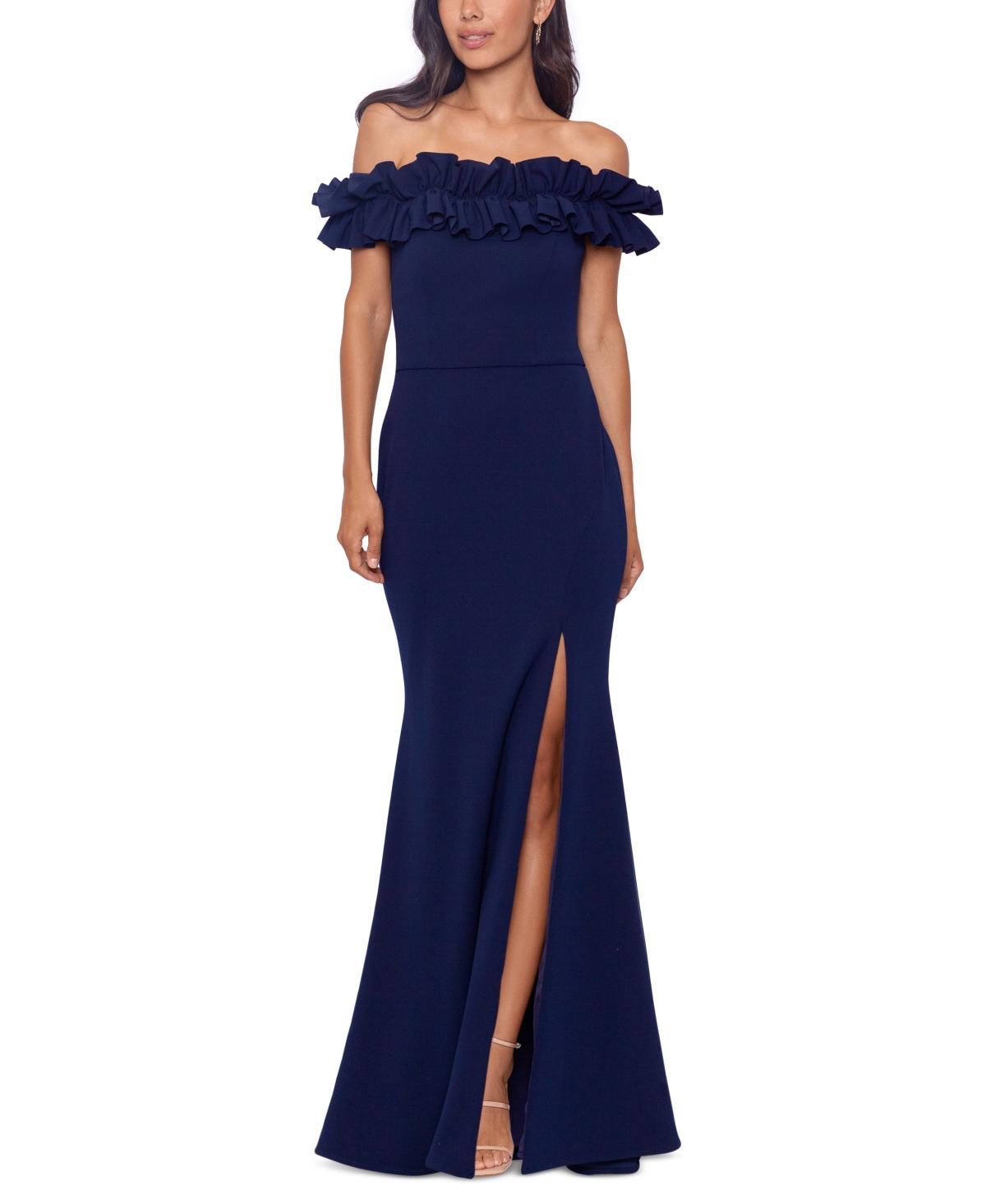 Xscape Petite Size Ruffled Off-the-Shoulder Short Sleeve Crepe Sheath Gown Product Image