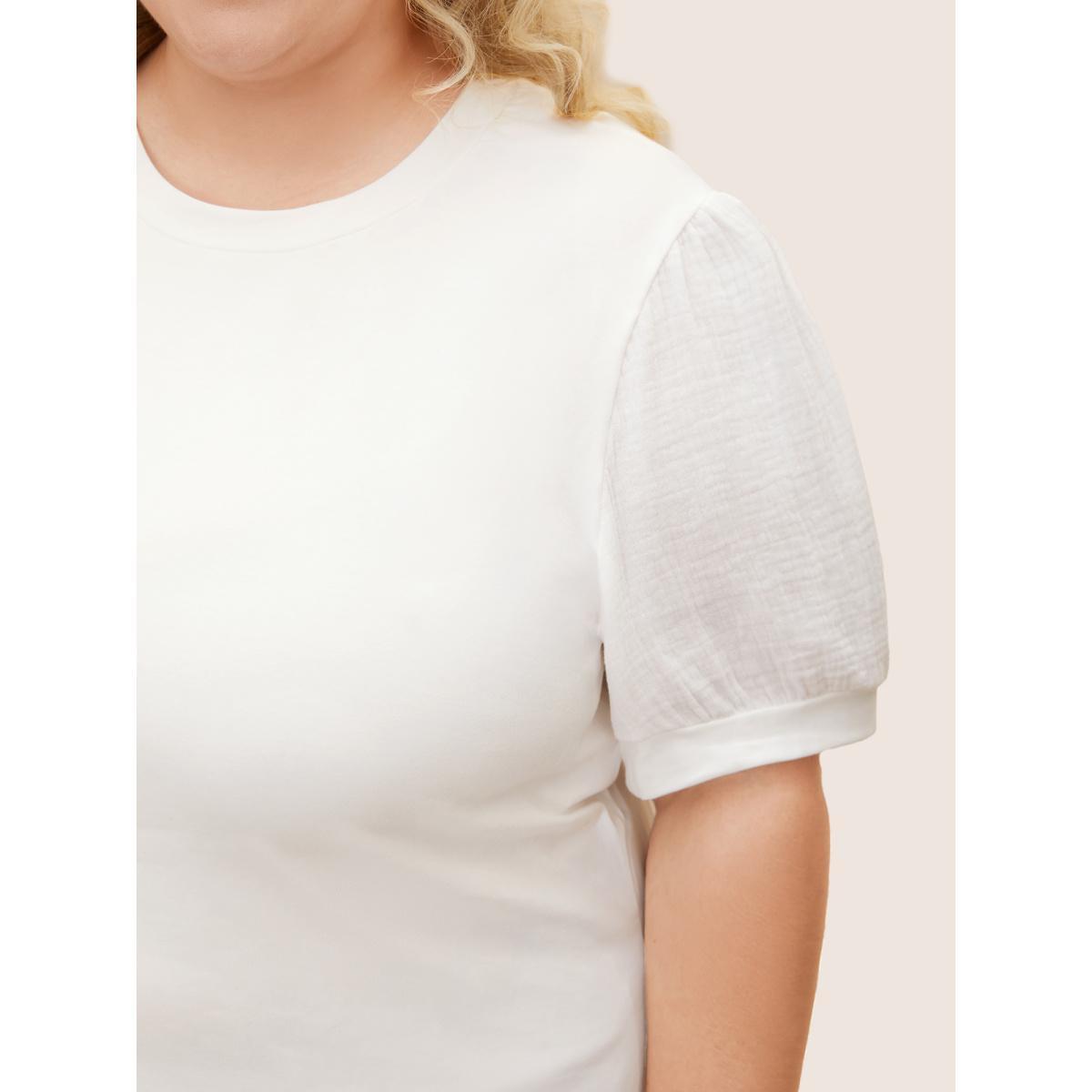 Plus Size Plain Textured Patchwork Lantern Sleeve T-Shirt WhiteSmoke Women Casual Texture Round Neck Everyday T-shirts BloomChic 18-20/2X Product Image