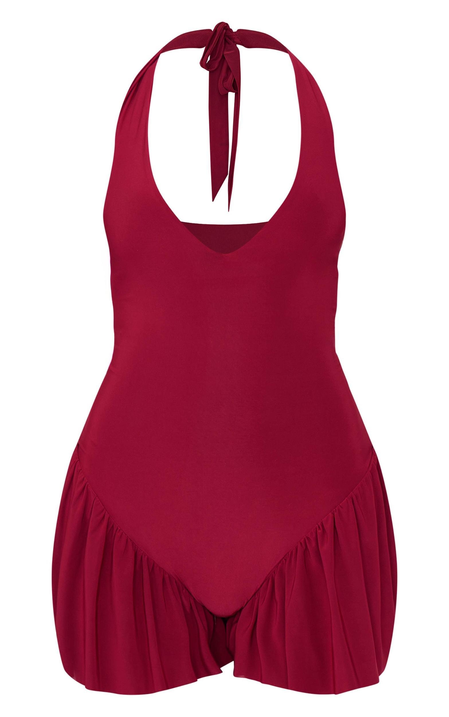 Burgundy Slinky Dropped Waist Plunge Romper Product Image