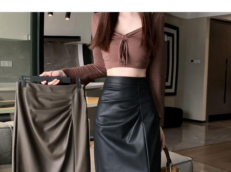High Waist Plain Ruched Slit Faux Leather Midi Pencil Skirt Product Image