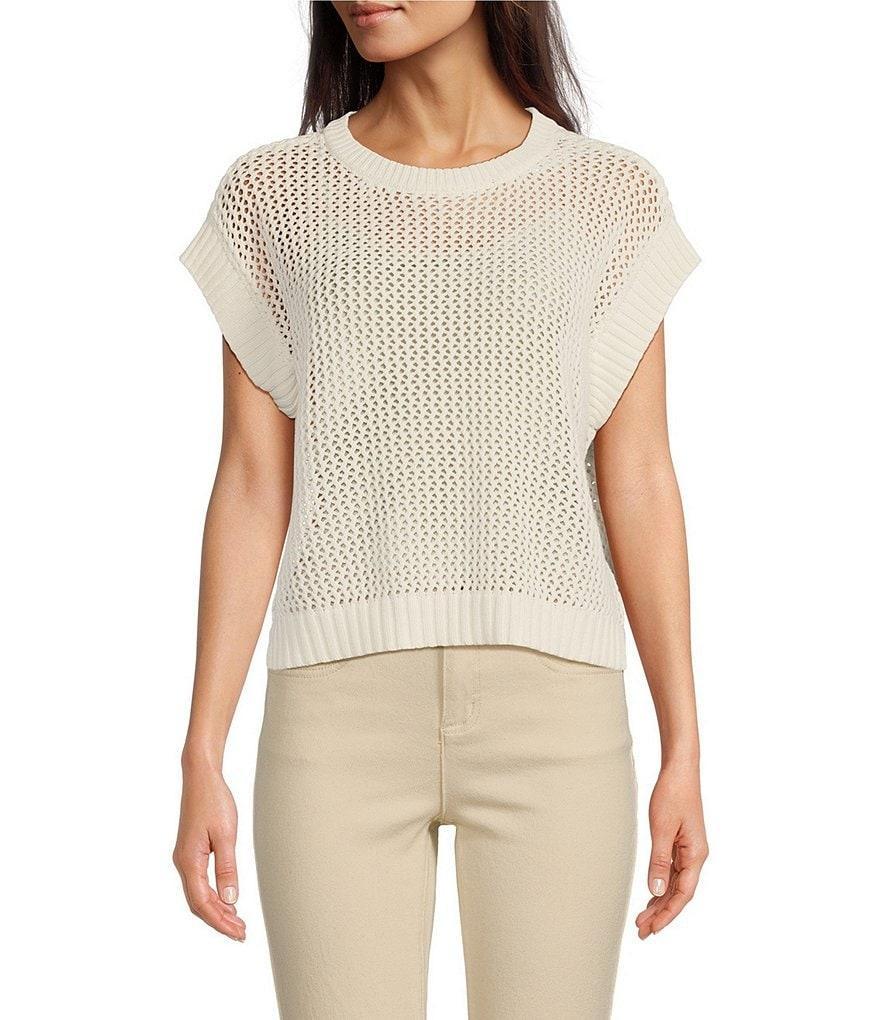 Vince Camuto Sweater Pointelle Crew Neck Short Sleeve Vest Product Image