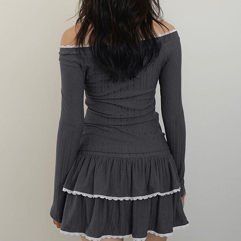Long Sleeve Off-Shoulder Lace-Trim Ribbed-Knit Slim-Fit Top Product Image
