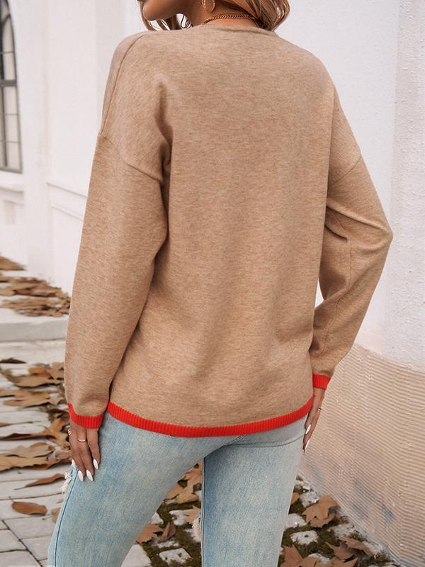 Long Sleeves Loose Contrast Color V-Neck Pullovers Sweater Tops Product Image