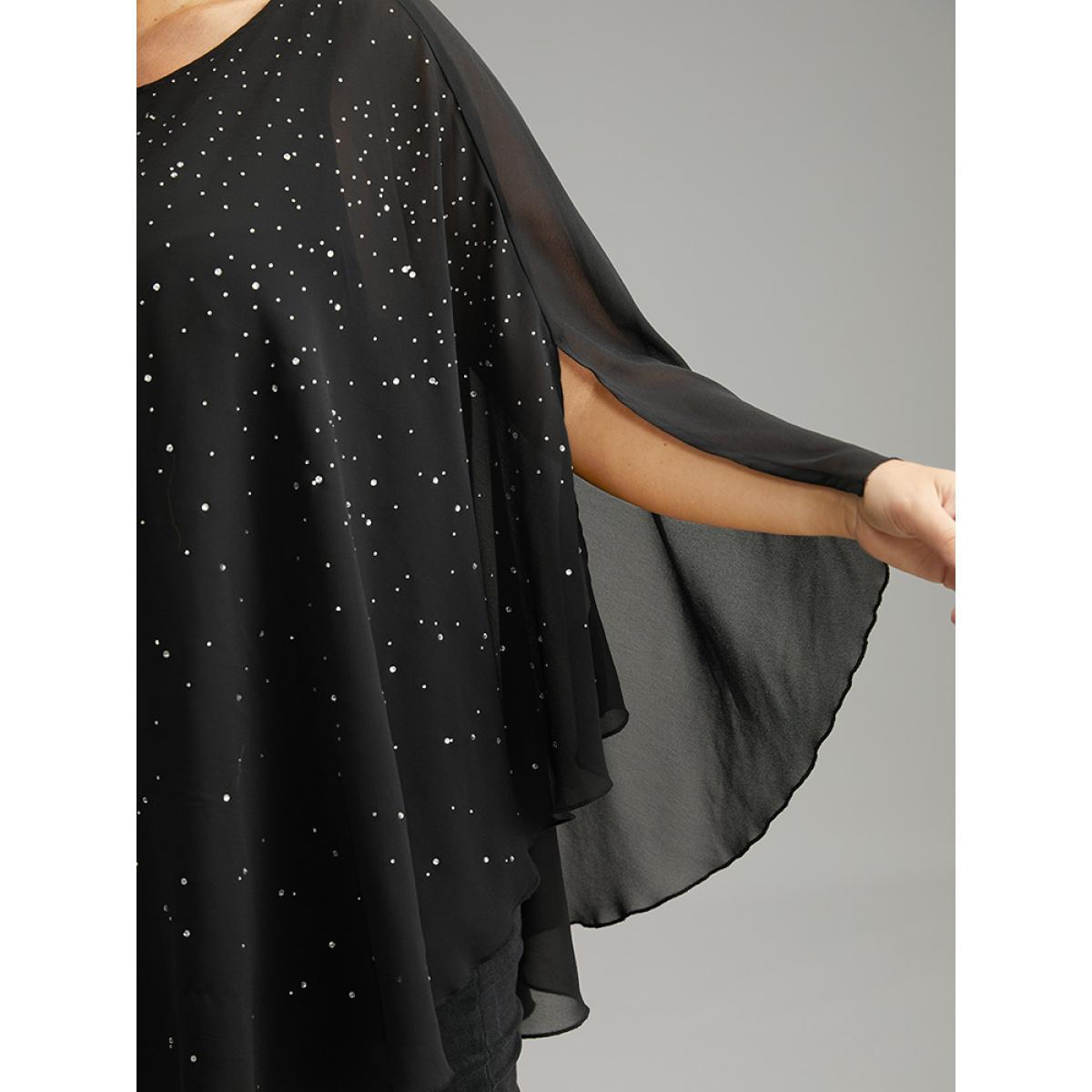 Plus Size Black Chiffon Rhinestone Split Dolman Sleeve Blouse Women Cocktail Elbow-length sleeve Round Neck Party Blouses BloomChic 12/L Product Image