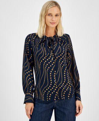 Tommy Hilfiger Womens Printed Tie-Neck Button-Front Blouse Product Image