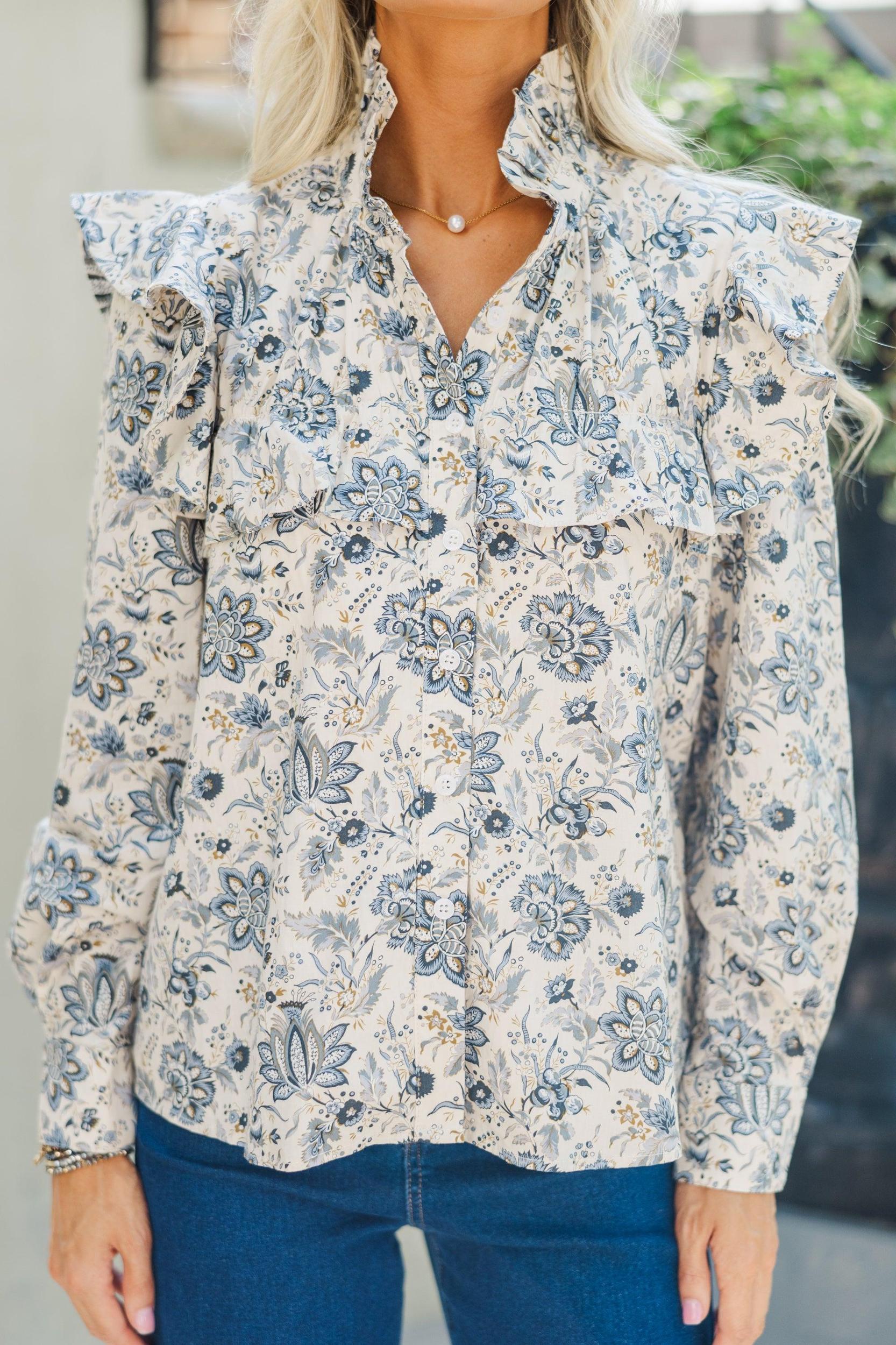On Your Time Cream Floral Button Down Top Female Product Image