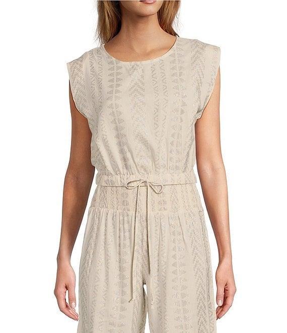 ELAN Coordinating Metallic Arrow Print Crew Neck Cap Sleeve Banded Cropped Top Product Image