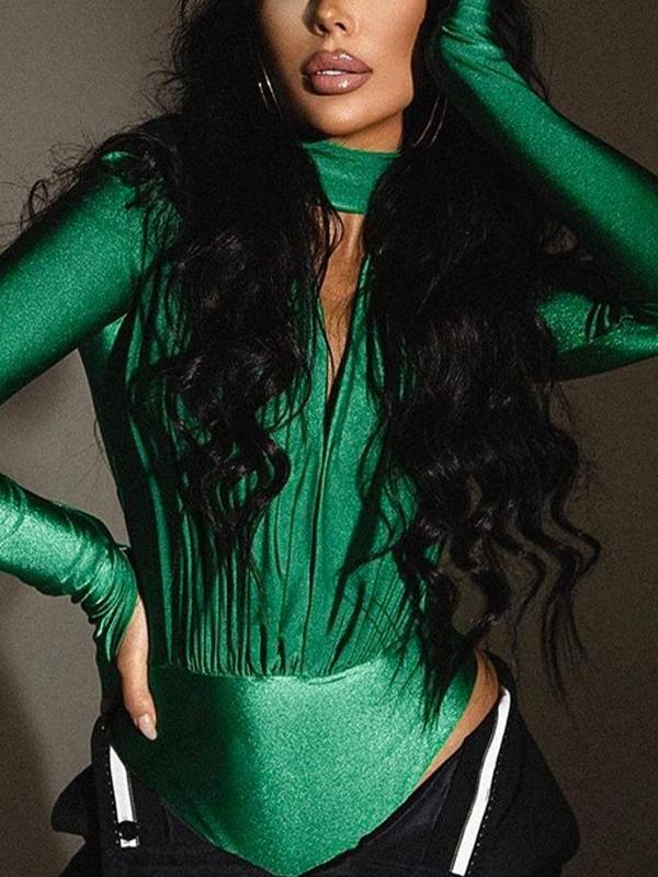 Solid Plunge Neck Splice Thumb Hole Bodysuits Product Image