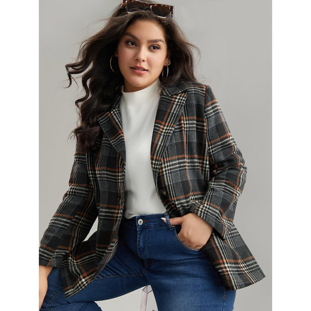 Plus Size Plaid Contrast Pocket Button Up Blazer Women Black Casual Contrast Ladies Dailywear Winter Coats BloomChic 22-24/3X Product Image