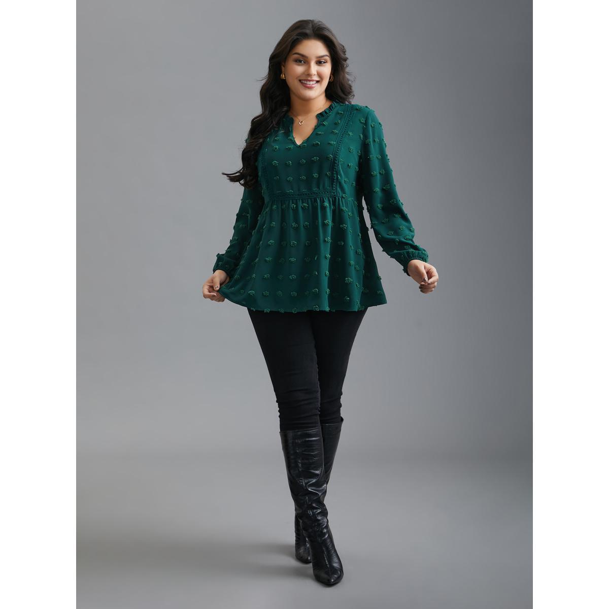 Plus Size DarkGreen Notched Collar Ruffle Trim Textured Blouse Women Elegant Extra Long Sleeve V-neck Everyday Blouses BloomChic 30/6X Product Image