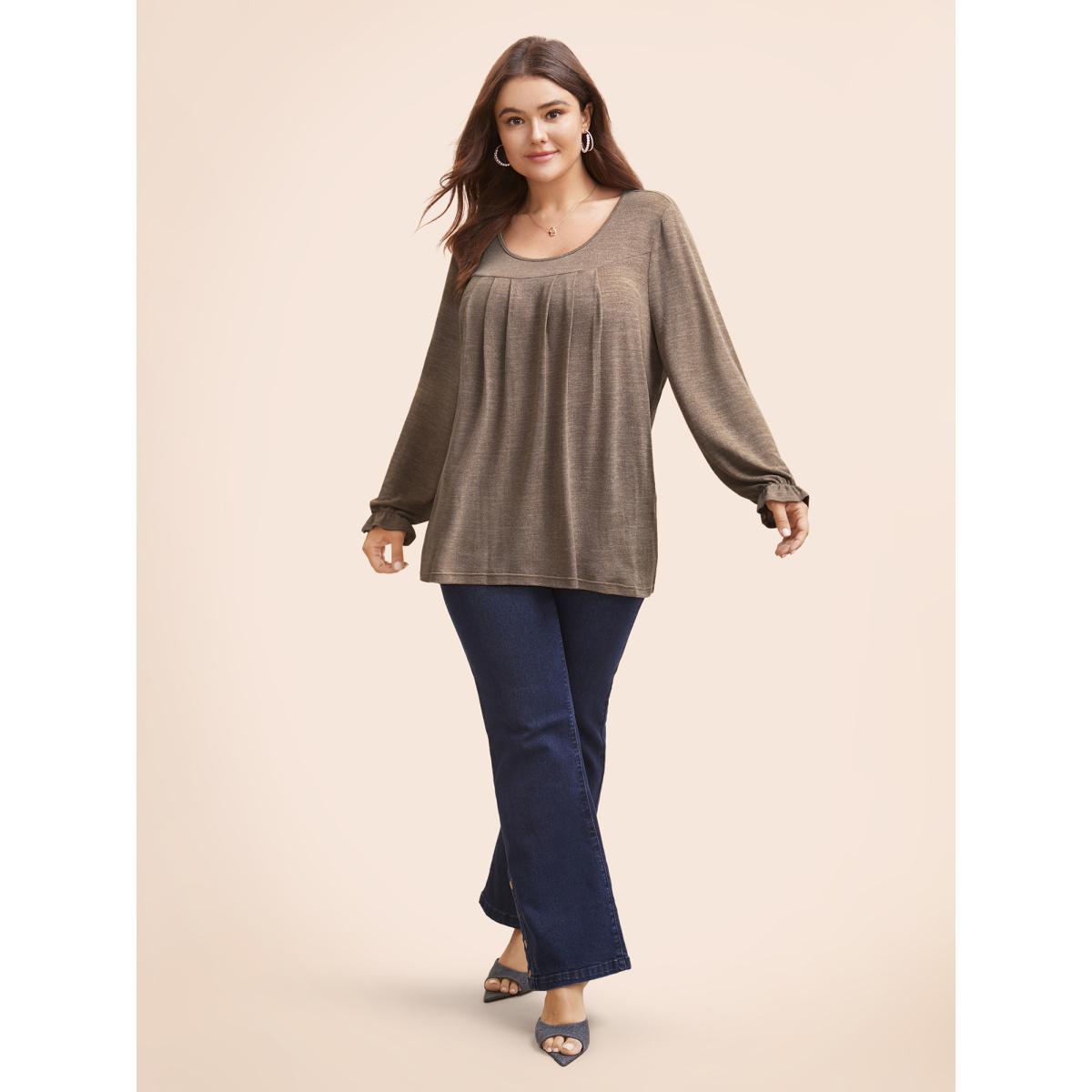Plus Size Round Neck Heather Pleated T-shirt DarkBrown Women Elegant Pleated Round Neck Loose Everyday T-shirts BloomChic 28/5X Product Image