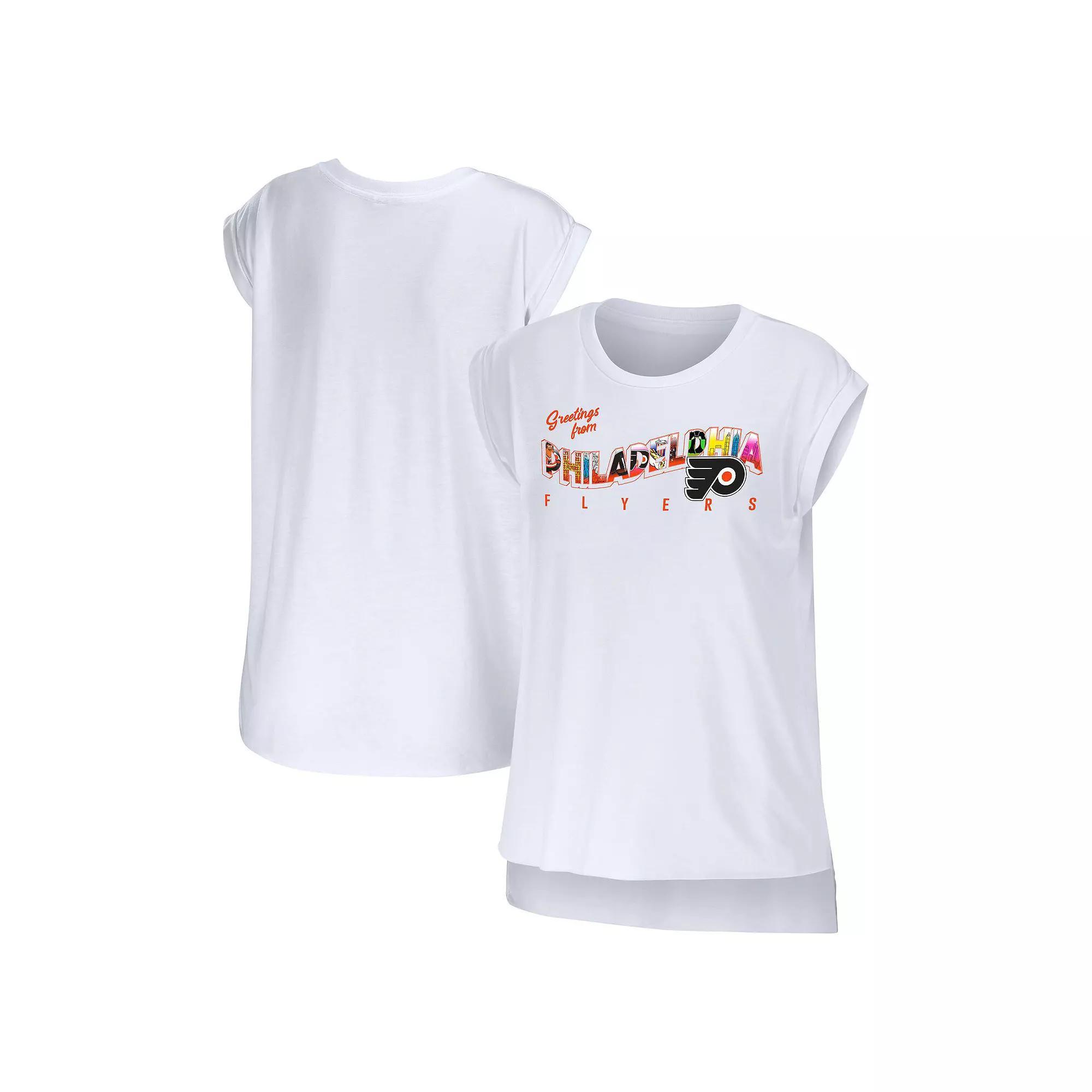 Women's WEAR by Erin Andrews White Philadelphia Flyers Greetings From Muscle T-Shirt, Size: Small, Fly White Product Image