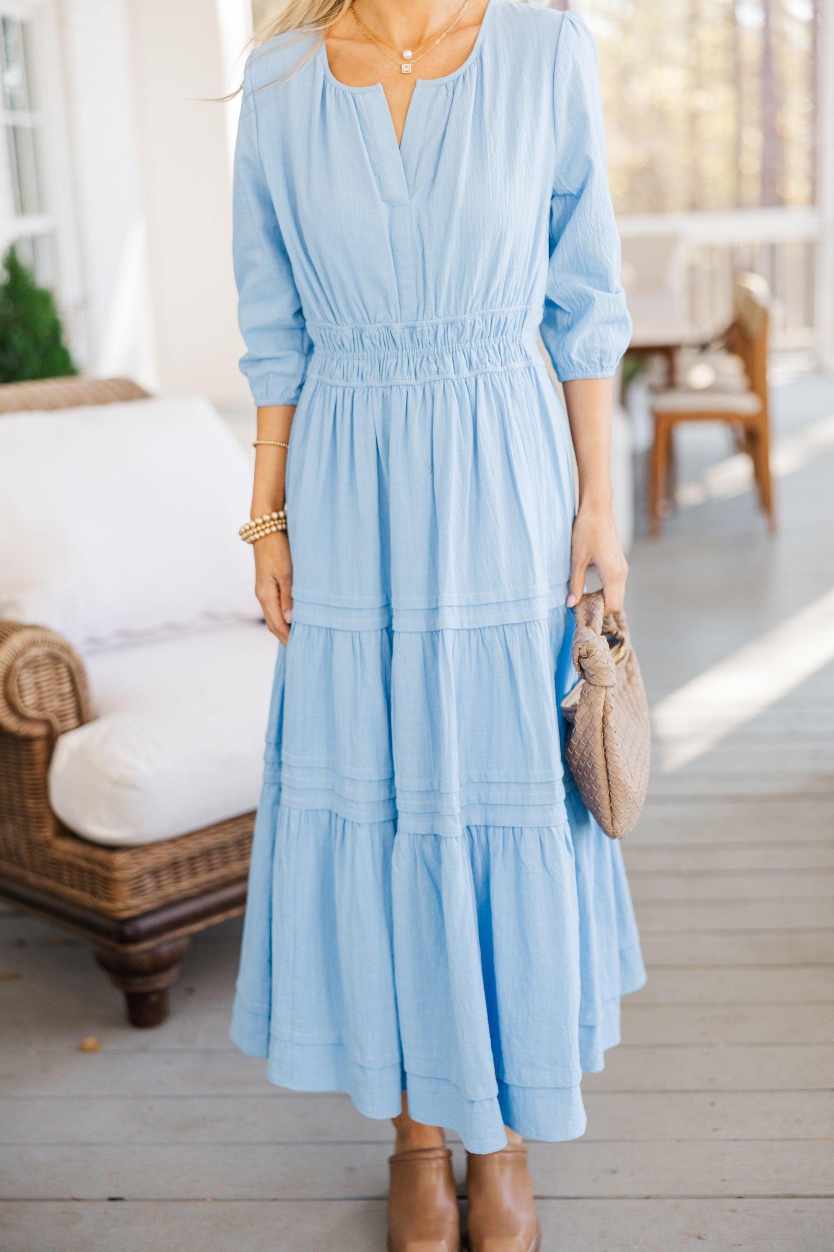 It's In The Air Light Blue 3/4 Sleeve Midi Dress Female Product Image