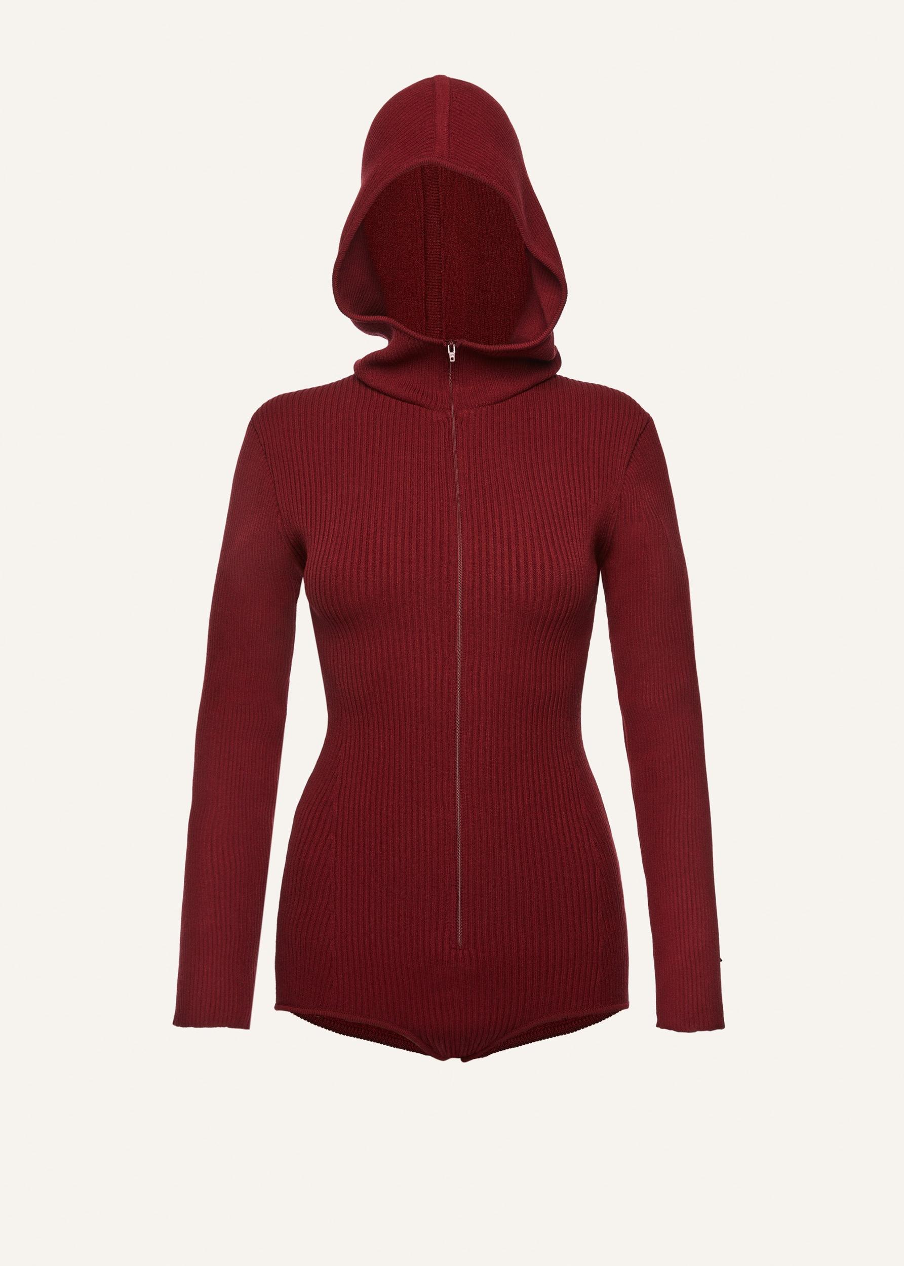 Knit zip up bodysuit in bordeaux Product Image