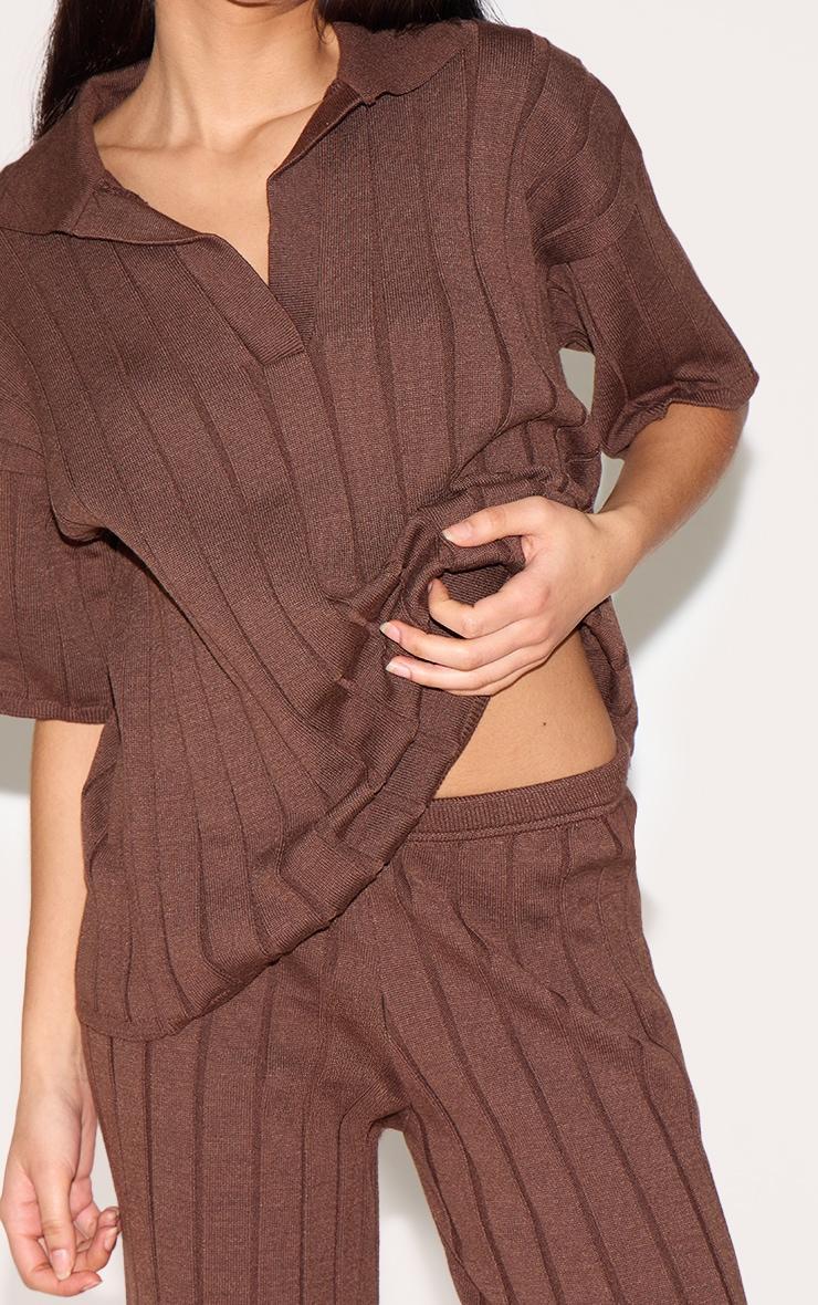 Petite Chocolate Rib Knit Oversized Polo Top Product Image