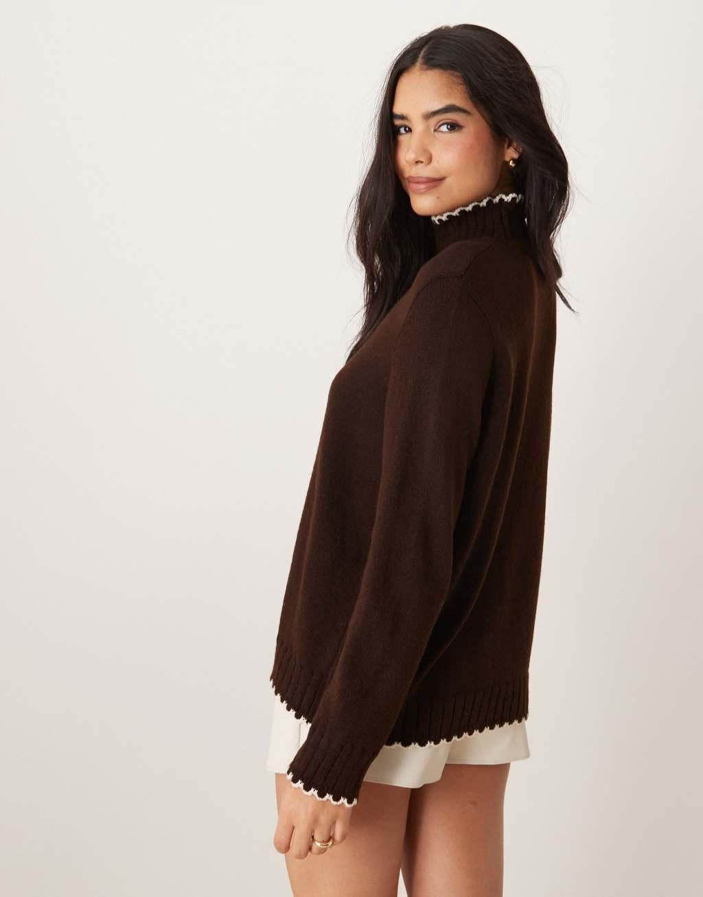 ASOS DESIGN blanket stitch high neck sweater in chocolate Product Image