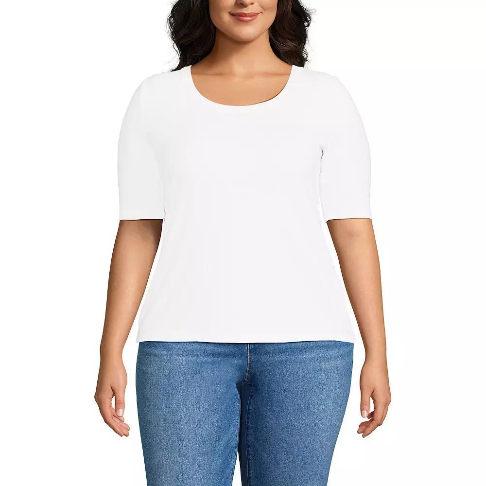 Plus Size Lands' End Drapey Rib Fitted Elbow Sleeve Scoop Neck Tee, Women's, Size: 3XL, Frosted Green Stripe Product Image