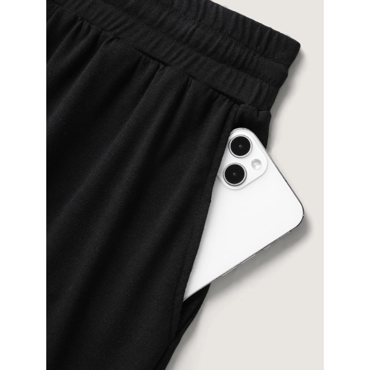 Plus Size Stretchy Slit Drawstring Straight-Leg Shorts Women Black Casual Drawstring Straight Leg Everyday-Casual Shorts BloomChic 12/L Product Image