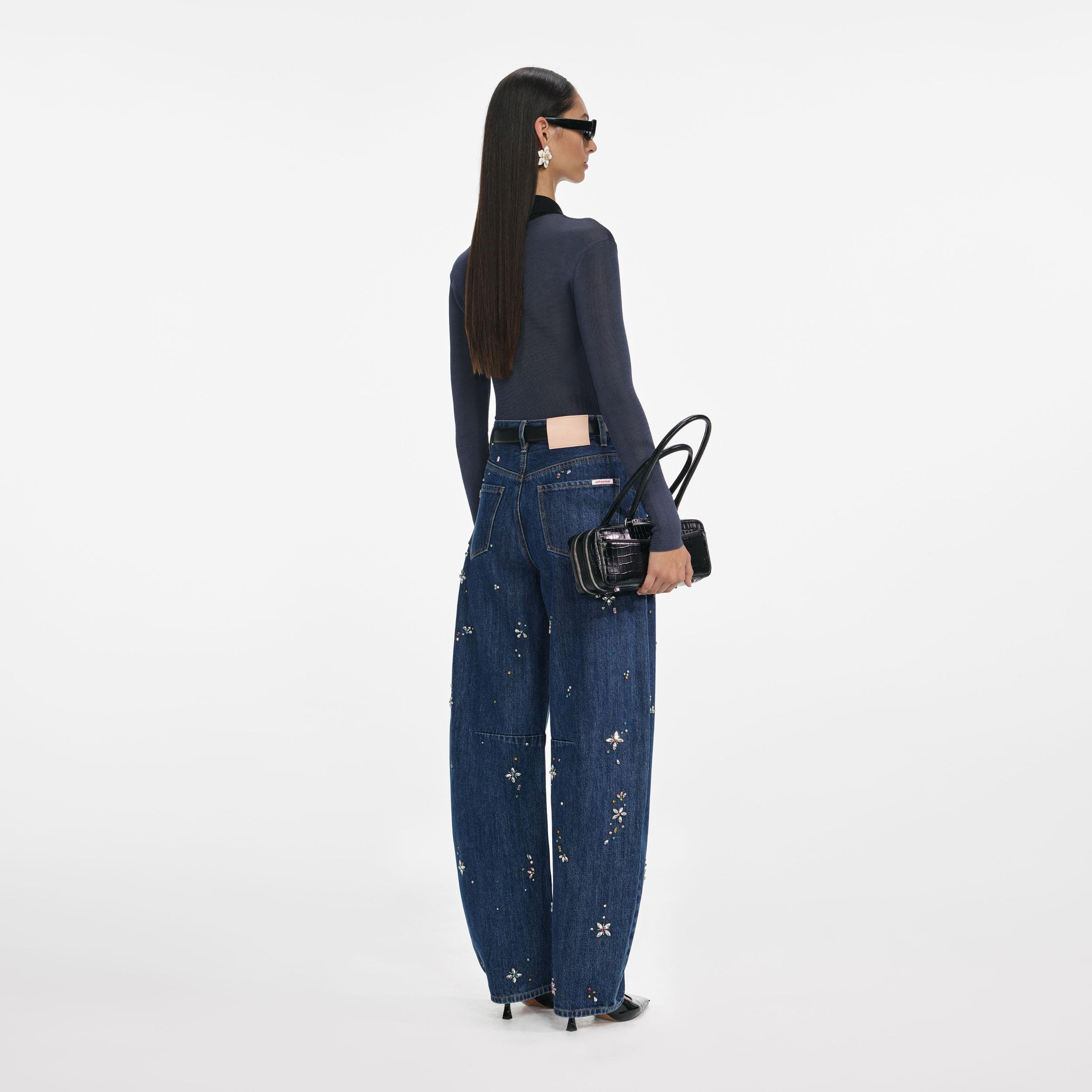 Blue Embellished Barrel Leg Jeans Product Image
