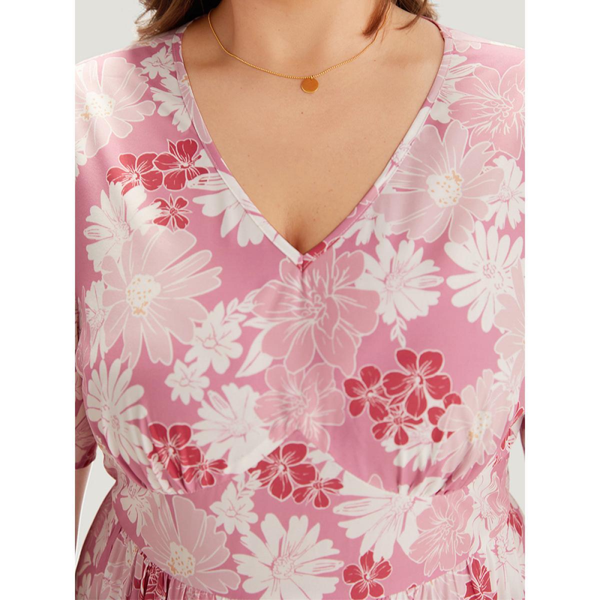 Plus Size Floral Print Pocket V Neck Patchwork Dress Pink Women Elegant Printed V-neck Short sleeve Curvy Midi Dress BloomChic 28/5X Product Image