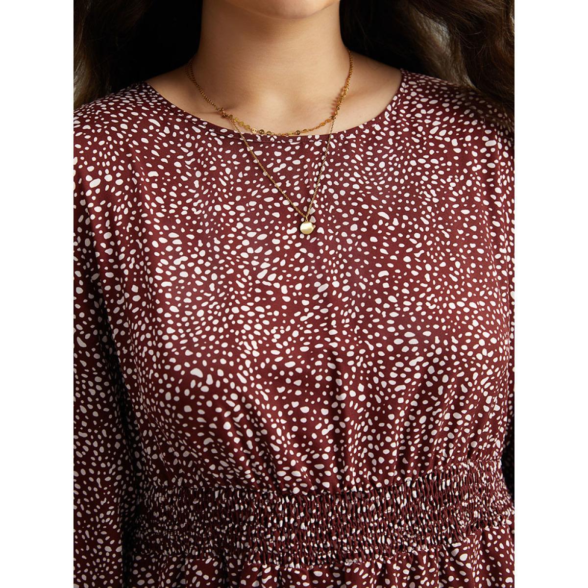 Plus Size Polka Dot Shirred Ruffles Pocket Dress Burgundy Women Casual Printed Round Neck Long Sleeve Curvy Midi Dress BloomChic 12/L Product Image
