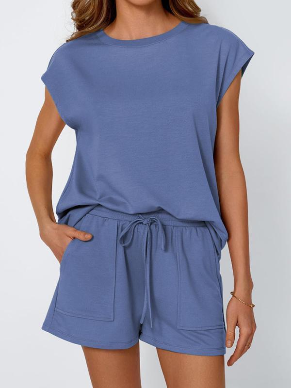 Loose Raglan Sleeve Solid Color Split-Joint Round-Neck T-Shirt + Drawstring Elasticity Shorts Two Pieces Set Product Image