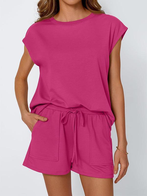 Loose Raglan Sleeve Solid Color Split-Joint Round-Neck T-Shirt + Drawstring Elasticity Shorts Two Pieces Set Product Image