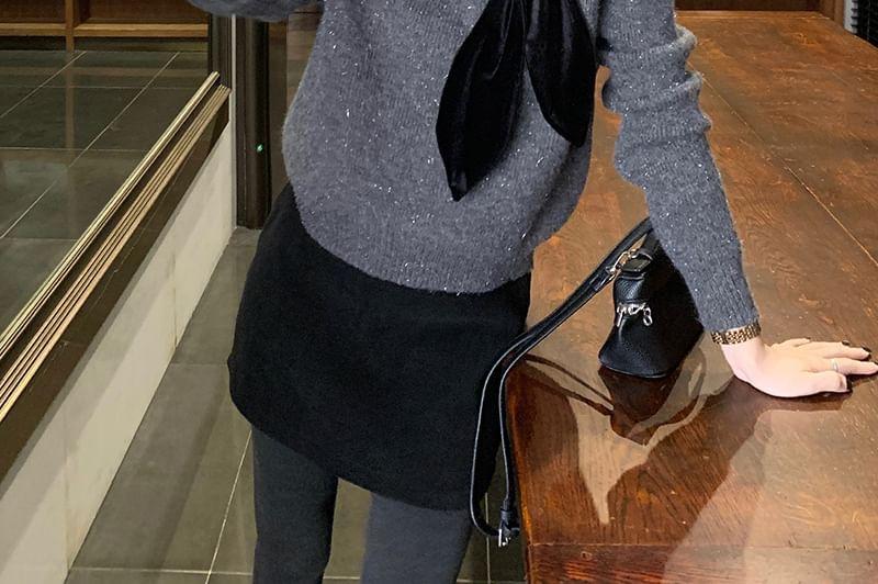 Tie Neck Panel Velvet Sweater Product Image
