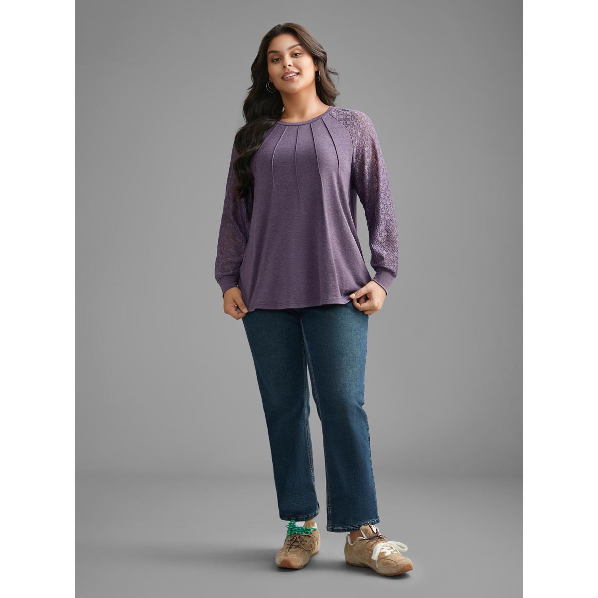 Plus Size Lace Patchwork Pleated Raglan Sleeve T-shirt Eggplant Women Casual Pleated Round Neck Everyday T-shirts BloomChic 18-20/2X Product Image