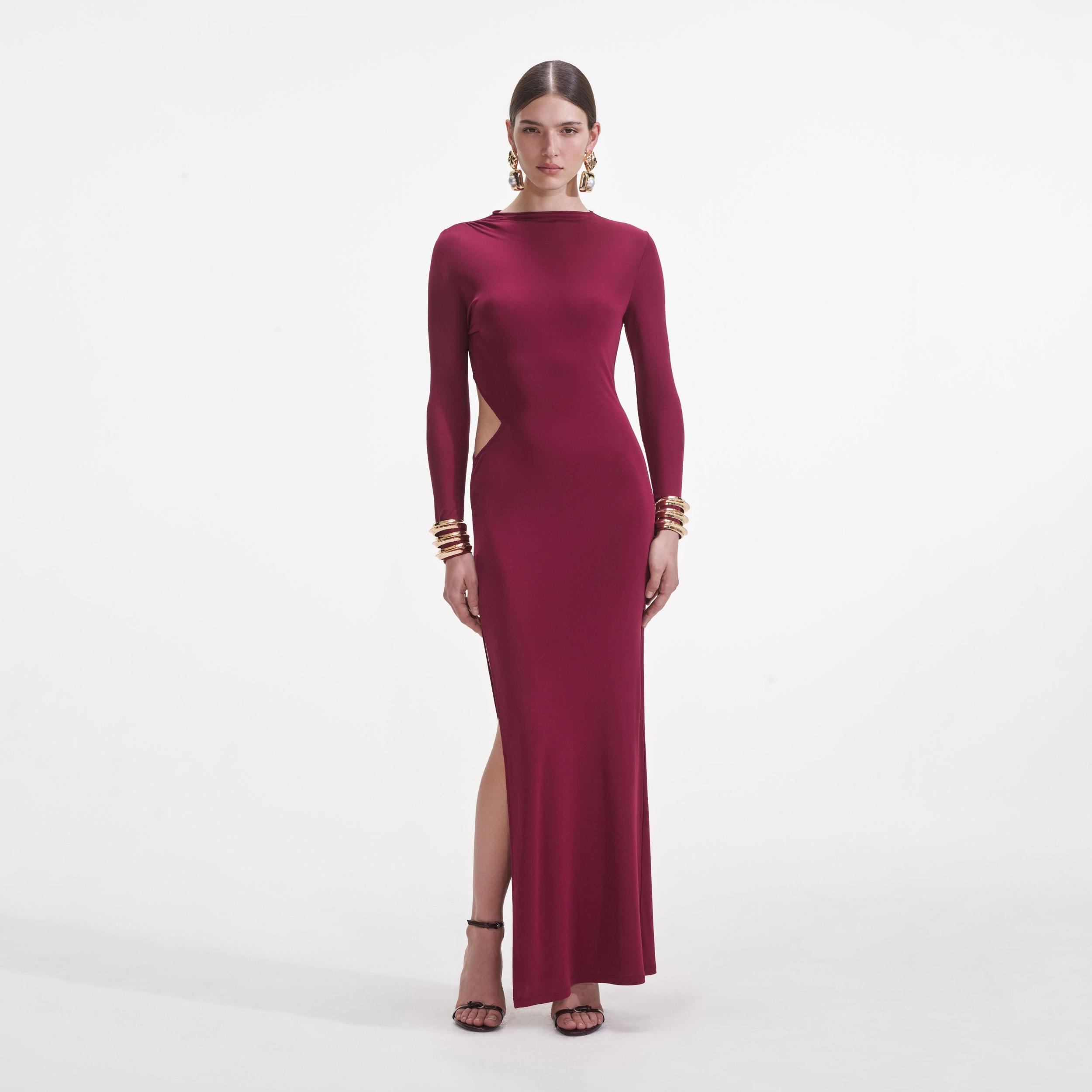 Burgundy Jersey Gathered Midi Dress Product Image