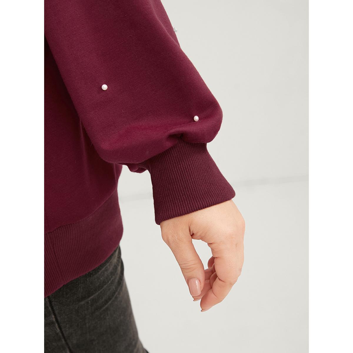 Plus Size Solid Pearls Beaded Raglan Sleeve Drop Shoulder Sweatshirt Women Scarlet Elegant Beaded Round Neck Dailywear Sweatshirts BloomChic 14-16/1X Product Image